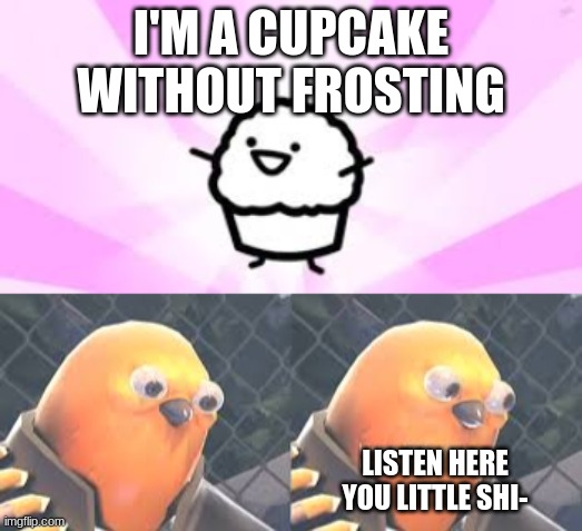 I'M A CUPCAKE WITHOUT FROSTING; LISTEN HERE YOU LITTLE SHI- | image tagged in asdf movie muffin | made w/ Imgflip meme maker
