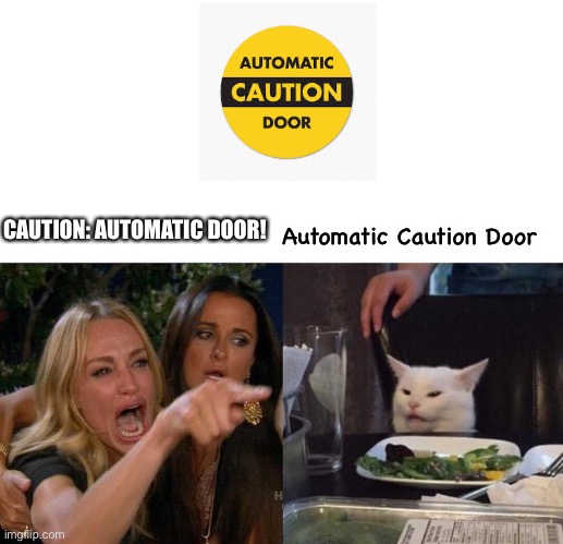 Woman Yelling At Cat | CAUTION: AUTOMATIC DOOR! Automatic Caution Door | image tagged in memes,woman yelling at cat | made w/ Imgflip meme maker
