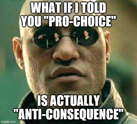 What if i told you | WHAT IF I TOLD YOU "PRO-CHOICE"; IS ACTUALLY "ANTI-CONSEQUENCE" | image tagged in what if i told you | made w/ Imgflip meme maker