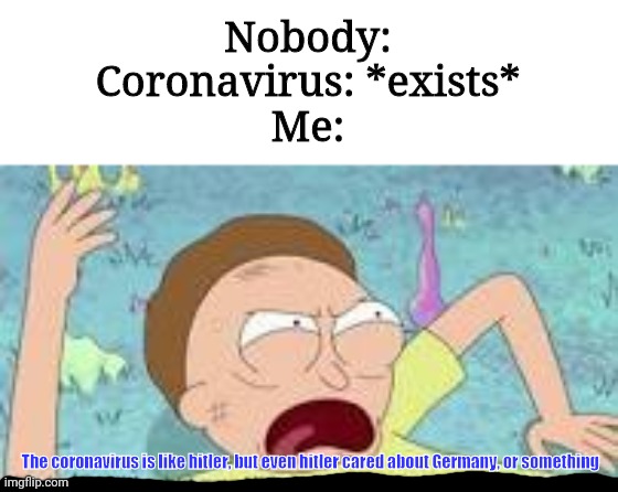 Coronavirus is like Hitler | Nobody:
Coronavirus: *exists*
Me:; The coronavirus is like hitler, but even hitler cared about Germany, or something | image tagged in your like hitler,coronavirus,corona virus,nobody | made w/ Imgflip meme maker