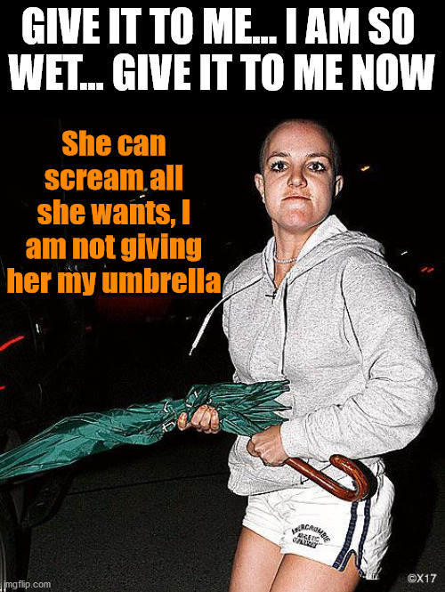 You always need to read the whole meme to know the context | GIVE IT TO ME... I AM SO 
WET... GIVE IT TO ME NOW; She can scream all she wants, I am not giving her my umbrella | image tagged in britney spears umbrella,misunderstanding,wet | made w/ Imgflip meme maker