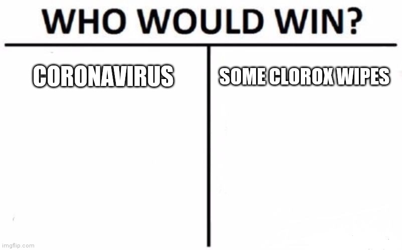 Who Would Win? | CORONAVIRUS; SOME CLOROX WIPES | image tagged in memes,who would win | made w/ Imgflip meme maker