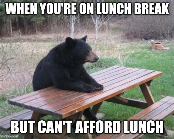 Bad Luck Bear |  WHEN YOU'RE ON LUNCH BREAK; BUT CAN'T AFFORD LUNCH | image tagged in memes,bad luck bear | made w/ Imgflip meme maker