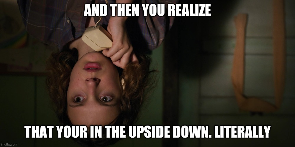 And then you realize | AND THEN YOU REALIZE; THAT YOUR IN THE UPSIDE DOWN. LITERALLY | image tagged in stranger things,upside-down | made w/ Imgflip meme maker