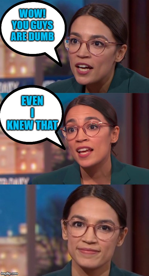 aoc dialog | WOW! YOU GUYS ARE DUMB; EVEN I KNEW THAT | image tagged in aoc dialog | made w/ Imgflip meme maker