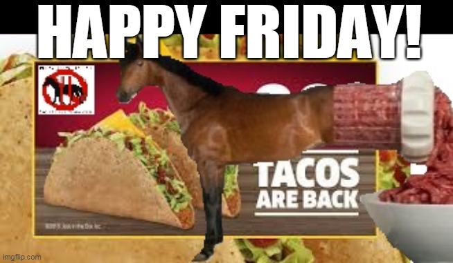 HAPPY FRIDAY! | HAPPY FRIDAY! | image tagged in happy,friday,horse,meat,tacos,delicious | made w/ Imgflip meme maker