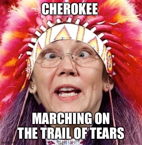Except the real Indians would throw her off the reservation. | CHEROKEE; MARCHING ON THE TRAIL OF TEARS | image tagged in elizabeth warren,election 2020,fake,funny memes,politics | made w/ Imgflip meme maker
