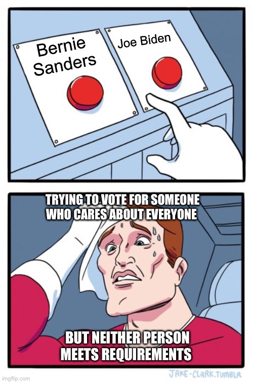 Two Buttons Meme | Joe Biden; Bernie Sanders; TRYING TO VOTE FOR SOMEONE WHO CARES ABOUT EVERYONE; BUT NEITHER PERSON MEETS REQUIREMENTS | image tagged in memes,two buttons | made w/ Imgflip meme maker