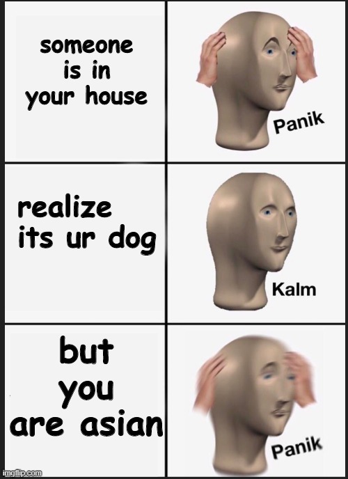 panik calm panik | someone is in your house; realize its ur dog; but you are asian | image tagged in panik calm panik | made w/ Imgflip meme maker