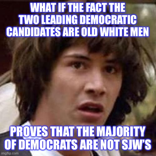 Follow the votes, not the loudest voices on Twitter and LeftBook | WHAT IF THE FACT THE TWO LEADING DEMOCRATIC CANDIDATES ARE OLD WHITE MEN; PROVES THAT THE MAJORITY OF DEMOCRATS ARE NOT SJW’S | image tagged in whoa,democrats,sjw,sjws,democratic party,2020 elections | made w/ Imgflip meme maker