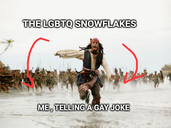 Jack Sparrow Being Chased | THE LGBTQ SNOWFLAKES; ME , TELLING A GAY JOKE | image tagged in memes,jack sparrow being chased | made w/ Imgflip meme maker