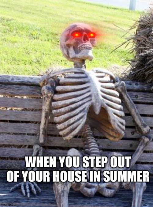 Waiting Skeleton Meme | WHEN YOU STEP OUT OF YOUR HOUSE IN SUMMER | image tagged in memes,waiting skeleton | made w/ Imgflip meme maker