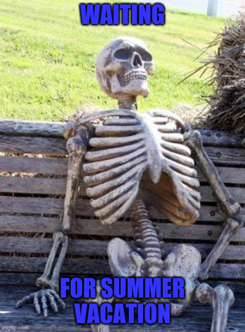 CAN IT JUST BE SUMMER ALREADY? PLEASE! | WAITING; FOR SUMMER VACATION | image tagged in memes,waiting skeleton,school,summer vacation | made w/ Imgflip meme maker