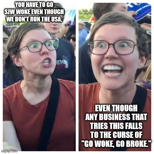 Social Justice Warrior Hypocrisy | YOU HAVE TO GO SJW WOKE EVEN THOUGH WE DON'T RUN THE USA, EVEN THOUGH ANY BUSINESS THAT TRIES THIS FALLS TO THE CURSE OF "GO WOKE, GO BROKE." | image tagged in social justice warrior hypocrisy | made w/ Imgflip meme maker