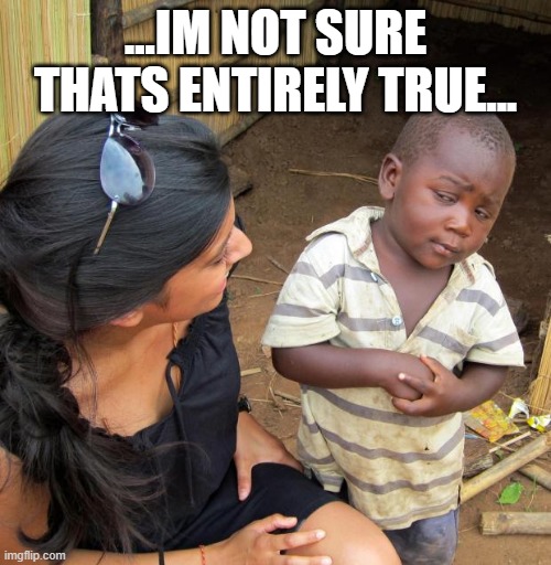 3rd World Sceptical Child | ...IM NOT SURE THATS ENTIRELY TRUE... | image tagged in 3rd world sceptical child | made w/ Imgflip meme maker