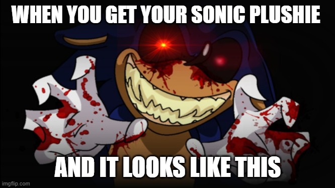 Sonic.EXE | WHEN YOU GET YOUR SONIC PLUSHIE; AND IT LOOKS LIKE THIS | image tagged in sonicexe | made w/ Imgflip meme maker