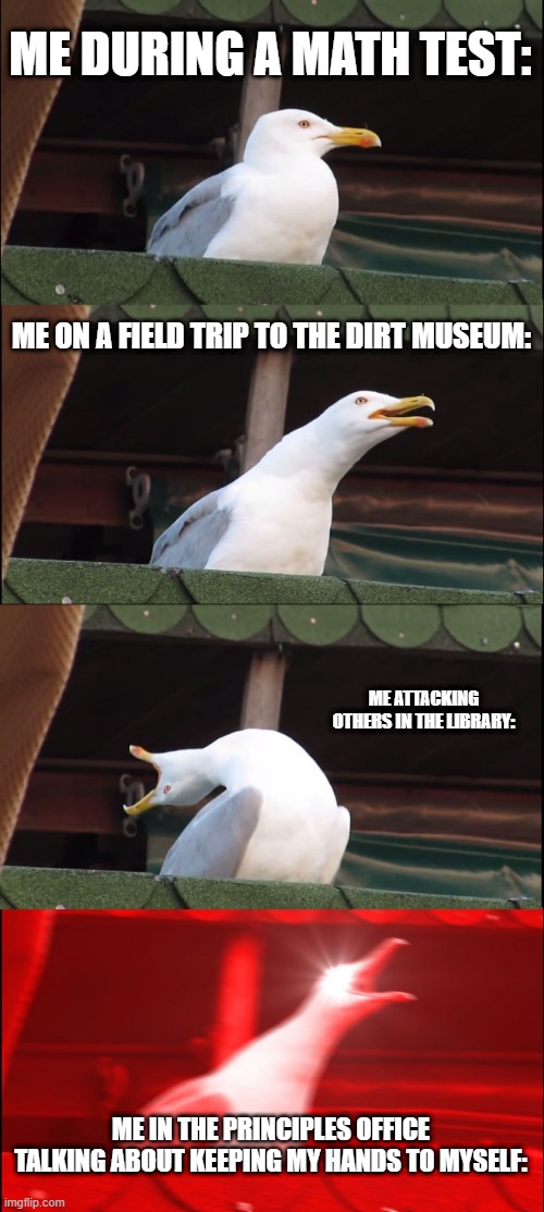 Inhaling Seagull Meme | ME DURING A MATH TEST:; ME ON A FIELD TRIP TO THE DIRT MUSEUM:; ME ATTACKING OTHERS IN THE LIBRARY:; ME IN THE PRINCIPLES OFFICE TALKING ABOUT KEEPING MY HANDS TO MYSELF: | image tagged in memes,inhaling seagull | made w/ Imgflip meme maker