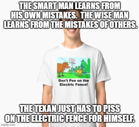 THE SMART MAN LEARNS FROM HIS OWN MISTAKES.  THE WISE MAN  LEARNS FROM THE MISTAKES OF OTHERS. THE TEXAN JUST HAS TO PISS ON THE ELECTRIC FENCE FOR HIMSELF. | image tagged in cowboy wisdom | made w/ Imgflip meme maker