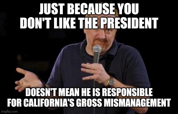Louis ck but maybe | JUST BECAUSE YOU DON'T LIKE THE PRESIDENT DOESN'T MEAN HE IS RESPONSIBLE FOR CALIFORNIA'S GROSS MISMANAGEMENT | image tagged in louis ck but maybe | made w/ Imgflip meme maker