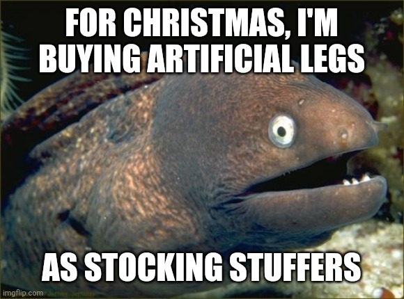 Stocking stuffer | FOR CHRISTMAS, I'M BUYING ARTIFICIAL LEGS; AS STOCKING STUFFERS | image tagged in memes,bad joke eel | made w/ Imgflip meme maker