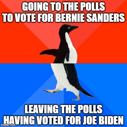 Flip Flop | GOING TO THE POLLS TO VOTE FOR BERNIE SANDERS; LEAVING THE POLLS HAVING VOTED FOR JOE BIDEN | image tagged in memes,socially awesome awkward penguin | made w/ Imgflip meme maker