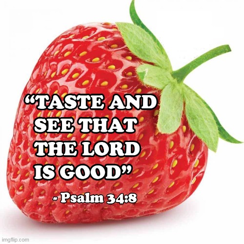 Taste and See | image tagged in jesus,strawberry,taste and see,lord is good,god is good,psalm 34 8 | made w/ Imgflip meme maker