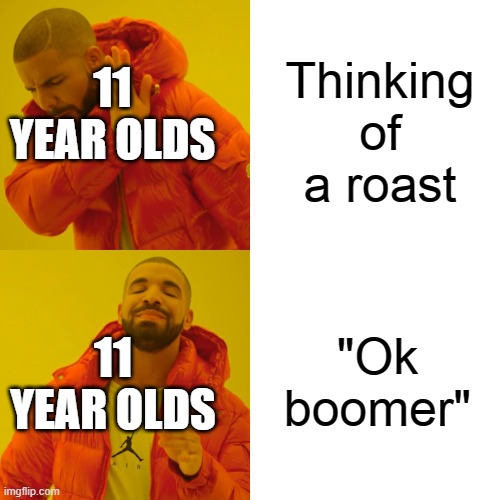 Drake Hotline Bling | Thinking of a roast; 11 YEAR OLDS; "Ok boomer"; 11 YEAR OLDS | image tagged in memes,drake hotline bling | made w/ Imgflip meme maker