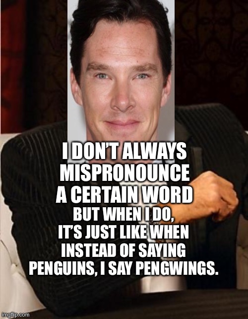 Benedict Cumberbatch as the most interesting man in the world | I DON’T ALWAYS MISPRONOUNCE A CERTAIN WORD; BUT WHEN I DO, IT’S JUST LIKE WHEN INSTEAD OF SAYING PENGUINS, I SAY PENGWINGS. | image tagged in i don't always,benedict cumberbatch,penguins,pronunciation | made w/ Imgflip meme maker