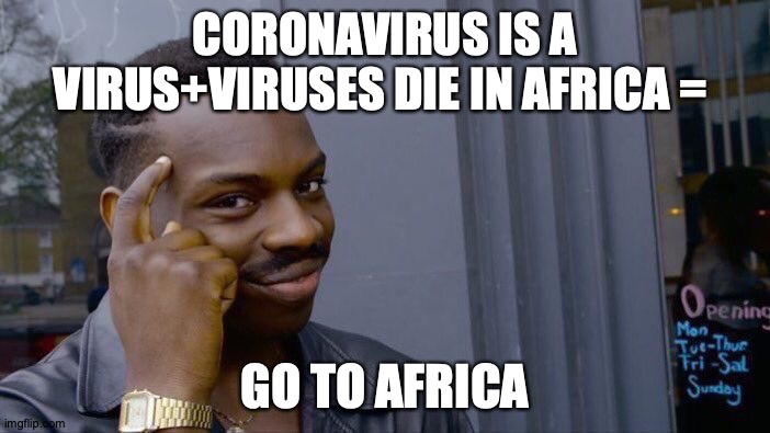Roll Safe Think About It Meme | CORONAVIRUS IS A VIRUS+VIRUSES DIE IN AFRICA =; GO TO AFRICA | image tagged in memes,roll safe think about it | made w/ Imgflip meme maker