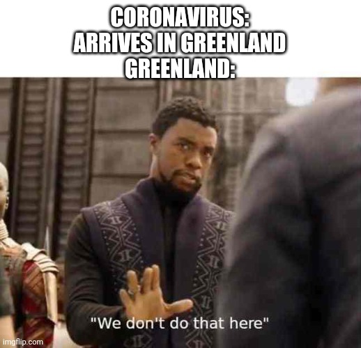 we dont do that here | CORONAVIRUS:
ARRIVES IN GREENLAND
GREENLAND: | image tagged in we dont do that here | made w/ Imgflip meme maker