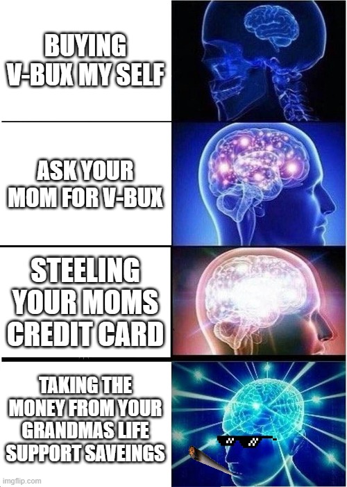 Expanding brain | BUYING V-BUX MY SELF; ASK YOUR MOM FOR V-BUX; STEELING YOUR MOMS CREDIT CARD; TAKING THE MONEY FROM YOUR GRANDMAS LIFE SUPPORT SAVEINGS | image tagged in memes,expanding brain | made w/ Imgflip meme maker
