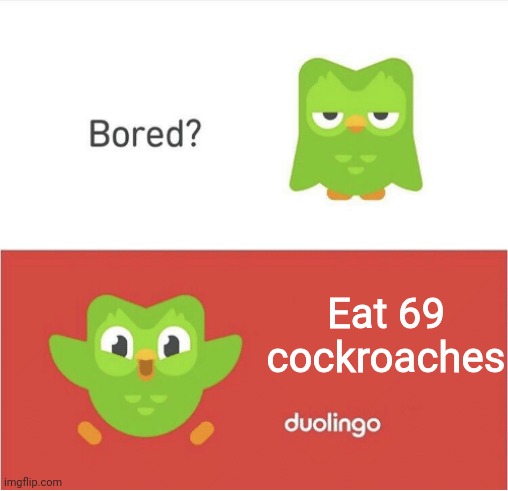 DUOLINGO BORED | Eat 69 cockroaches | image tagged in duolingo bored | made w/ Imgflip meme maker