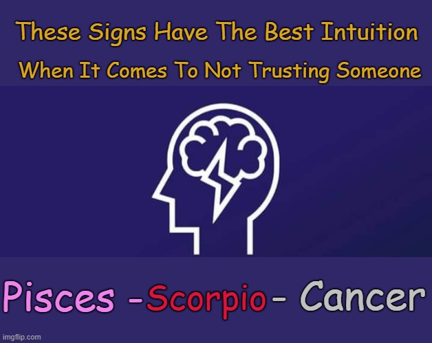 They can tell a fake from a mile away.♓♏♋ | These Signs Have The Best Intuition; When It Comes To Not Trusting Someone; Pisces -; Scorpio; - Cancer | image tagged in memes,scorpio,cancer,water signs,astrology,zodiac signs | made w/ Imgflip meme maker