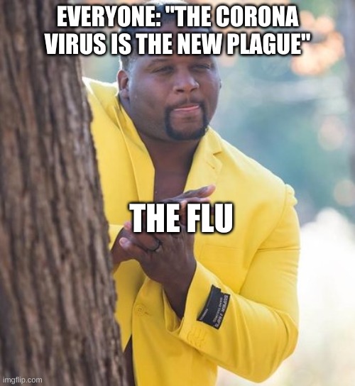Spice Adams hiding | EVERYONE: "THE CORONA VIRUS IS THE NEW PLAGUE"; THE FLU | image tagged in spice adams hiding | made w/ Imgflip meme maker