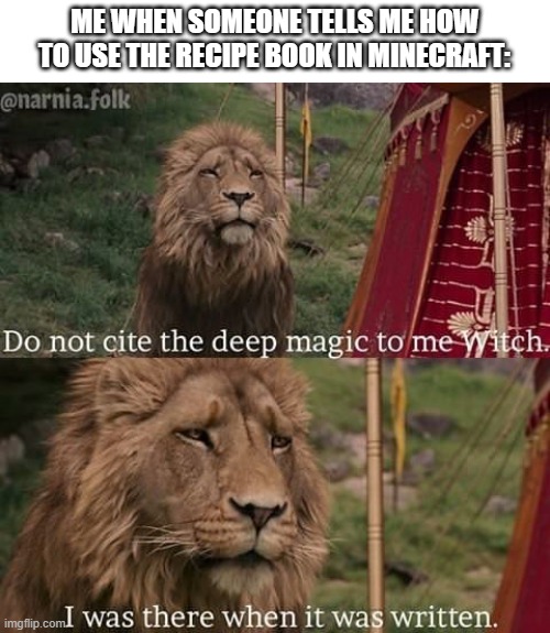 Narnia magic | ME WHEN SOMEONE TELLS ME HOW TO USE THE RECIPE BOOK IN MINECRAFT: | image tagged in narnia magic | made w/ Imgflip meme maker