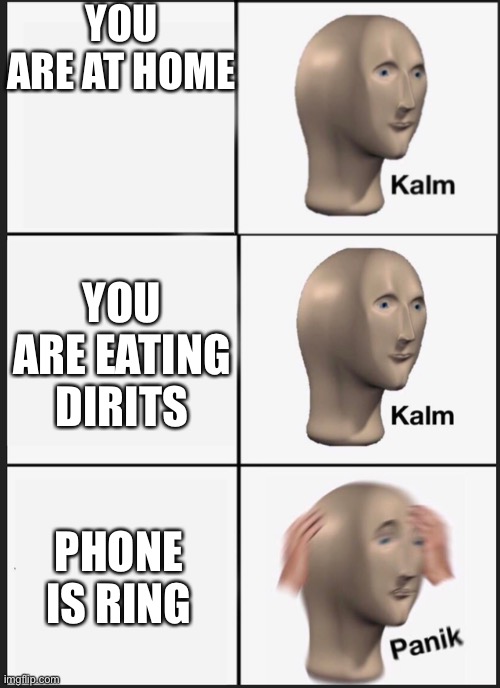 Panik Kalm Panik | YOU ARE AT HOME; YOU ARE EATING DIRITS; PHONE IS RING | image tagged in panik kalm | made w/ Imgflip meme maker