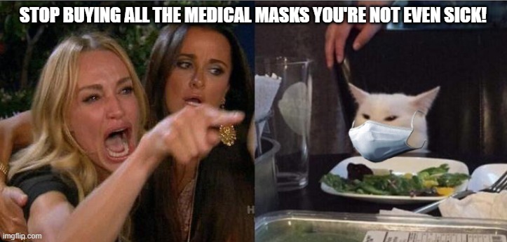 Woman Yelling at Cat with Medical Mask | STOP BUYING ALL THE MEDICAL MASKS YOU'RE NOT EVEN SICK! | image tagged in woman yelling at cat with medical mask | made w/ Imgflip meme maker