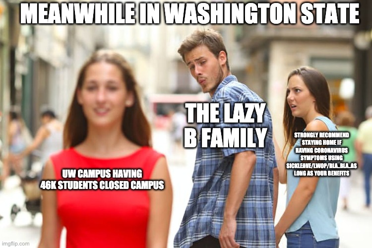 Distracted Boyfriend Meme | MEANWHILE IN WASHINGTON STATE; THE LAZY B FAMILY; STRONGLY RECOMMEND STAYING HOME IF HAVING CORONAVIRUS SYMPTOMS USING SICKLEAVE/LWOP/BLA..BLA..AS LONG AS YOUR BENEFITS; UW CAMPUS HAVING 46K STUDENTS CLOSED CAMPUS | image tagged in memes,distracted boyfriend | made w/ Imgflip meme maker