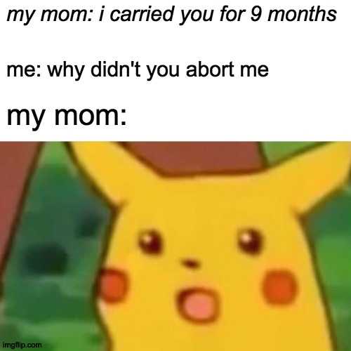 Surprised Pikachu | my mom: i carried you for 9 months; me: why didn't you abort me; my mom: | image tagged in memes,surprised pikachu | made w/ Imgflip meme maker