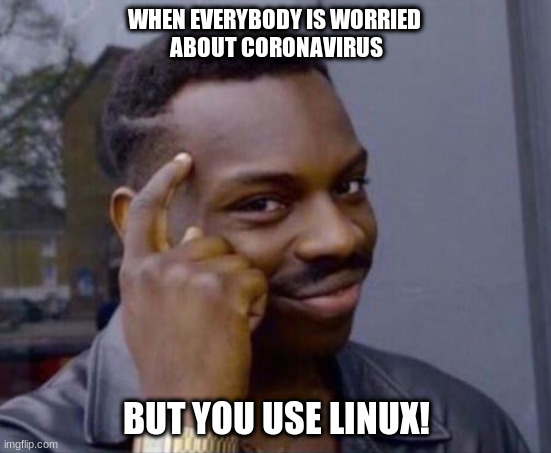 Coronavirus & linux | WHEN EVERYBODY IS WORRIED 
ABOUT CORONAVIRUS; BUT YOU USE LINUX! | image tagged in black guy pointing at head,coronavirus meme,linux | made w/ Imgflip meme maker