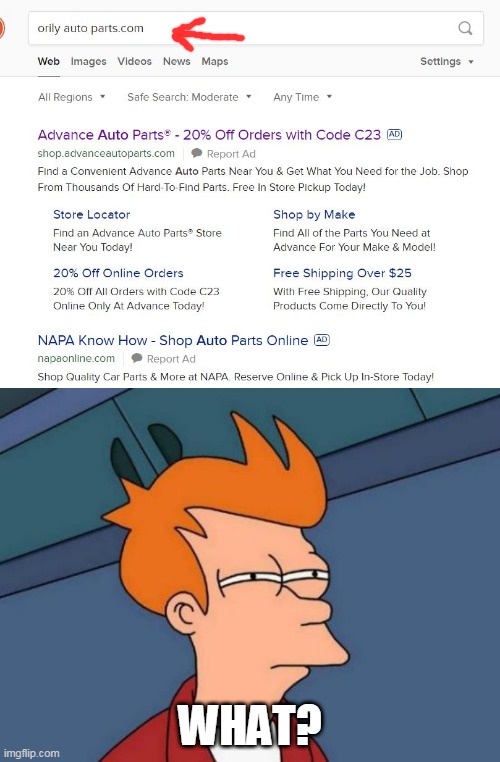 I THINK THE SEARCH IS WRONG | WHAT? | image tagged in memes,futurama fry,google,search,fail,automotive | made w/ Imgflip meme maker