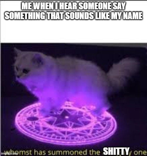 Whomst has Summoned the almighty one | ME WHEN I HEAR SOMEONE SAY SOMETHING THAT SOUNDS LIKE MY NAME; SHITTY | image tagged in whomst has summoned the almighty one | made w/ Imgflip meme maker