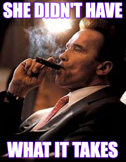arnold cigar | SHE DIDN'T HAVE WHAT IT TAKES | image tagged in arnold cigar | made w/ Imgflip meme maker