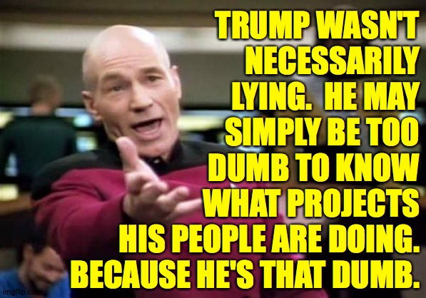 Picard Wtf Meme | TRUMP WASN'T
NECESSARILY
LYING.  HE MAY
SIMPLY BE TOO
DUMB TO KNOW
WHAT PROJECTS
HIS PEOPLE ARE DOING.
BECAUSE HE'S THAT DUMB. | image tagged in memes,picard wtf | made w/ Imgflip meme maker