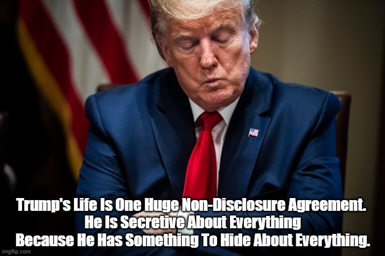 "Trump's Life Is One Huge Non-Disclosure Agreement" | Trump's Life Is One Huge Non-Disclosure Agreement. 
He Is Secretive About Everything Because He Has Something To Hide About Everything. | image tagged in nondisclosure agreement,felon trump,trump is a lifelong criminal,he hides everything because his guilt touches everything,deplor | made w/ Imgflip meme maker