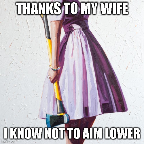 Woman with axe | THANKS TO MY WIFE I KNOW NOT TO AIM LOWER | image tagged in woman with axe | made w/ Imgflip meme maker