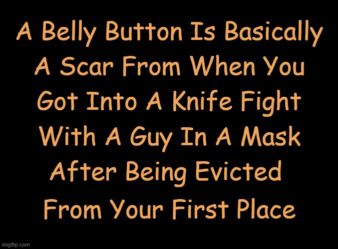 Oh Snap | A Belly Button Is Basically; A Scar From When You; Got Into A Knife Fight; With A Guy In A Mask; After Being Evicted; From Your First Place | image tagged in blank black,memes | made w/ Imgflip meme maker
