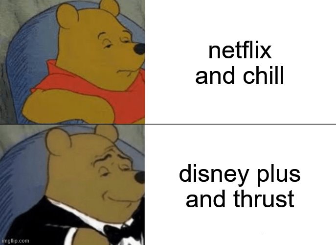 Tuxedo Winnie The Pooh Meme |  netflix and chill; disney plus and thrust | image tagged in memes,tuxedo winnie the pooh | made w/ Imgflip meme maker