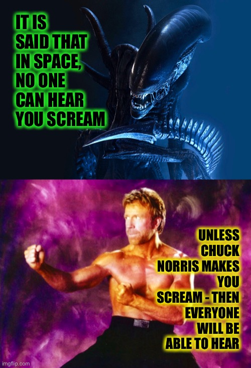 Chuck Norris can | IT IS SAID THAT IN SPACE, NO ONE CAN HEAR YOU SCREAM; UNLESS CHUCK NORRIS MAKES YOU SCREAM - THEN EVERYONE WILL BE ABLE TO HEAR | image tagged in chuck norris,memes,aliens,alien,horror | made w/ Imgflip meme maker