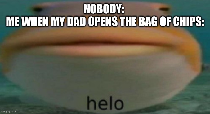 helo | NOBODY: 
ME WHEN MY DAD OPENS THE BAG OF CHIPS: | image tagged in helo | made w/ Imgflip meme maker